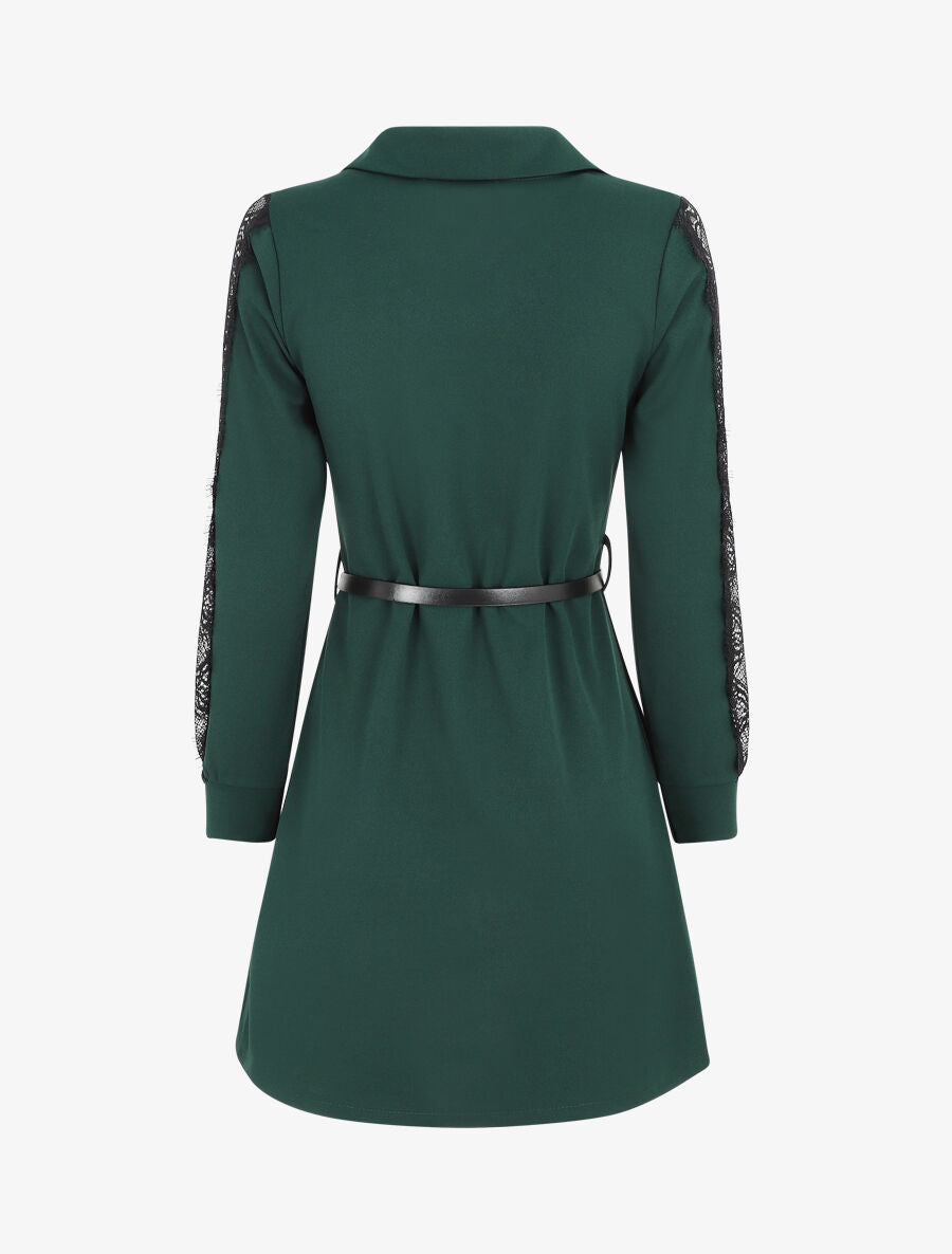 Robe chemise à manches dentelle - Vert foncé - 2