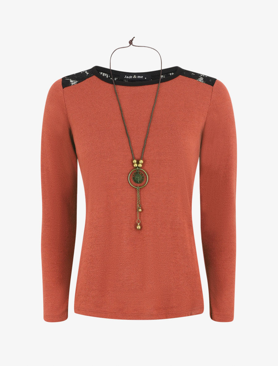 Pull uni à épaules dentelle - Rouille - 5