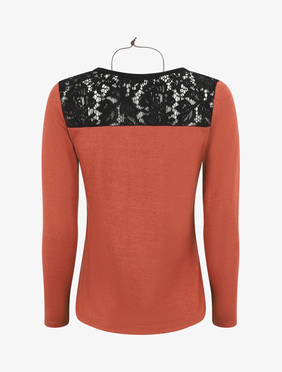Pull uni à épaules dentelle - Rouille - 2