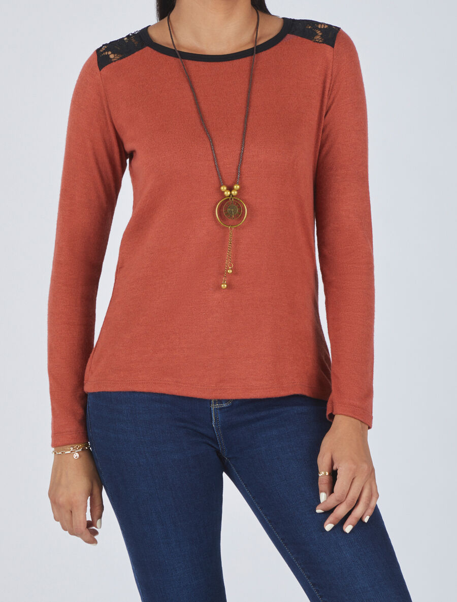 Pull uni à épaules dentelle - Rouille - 4