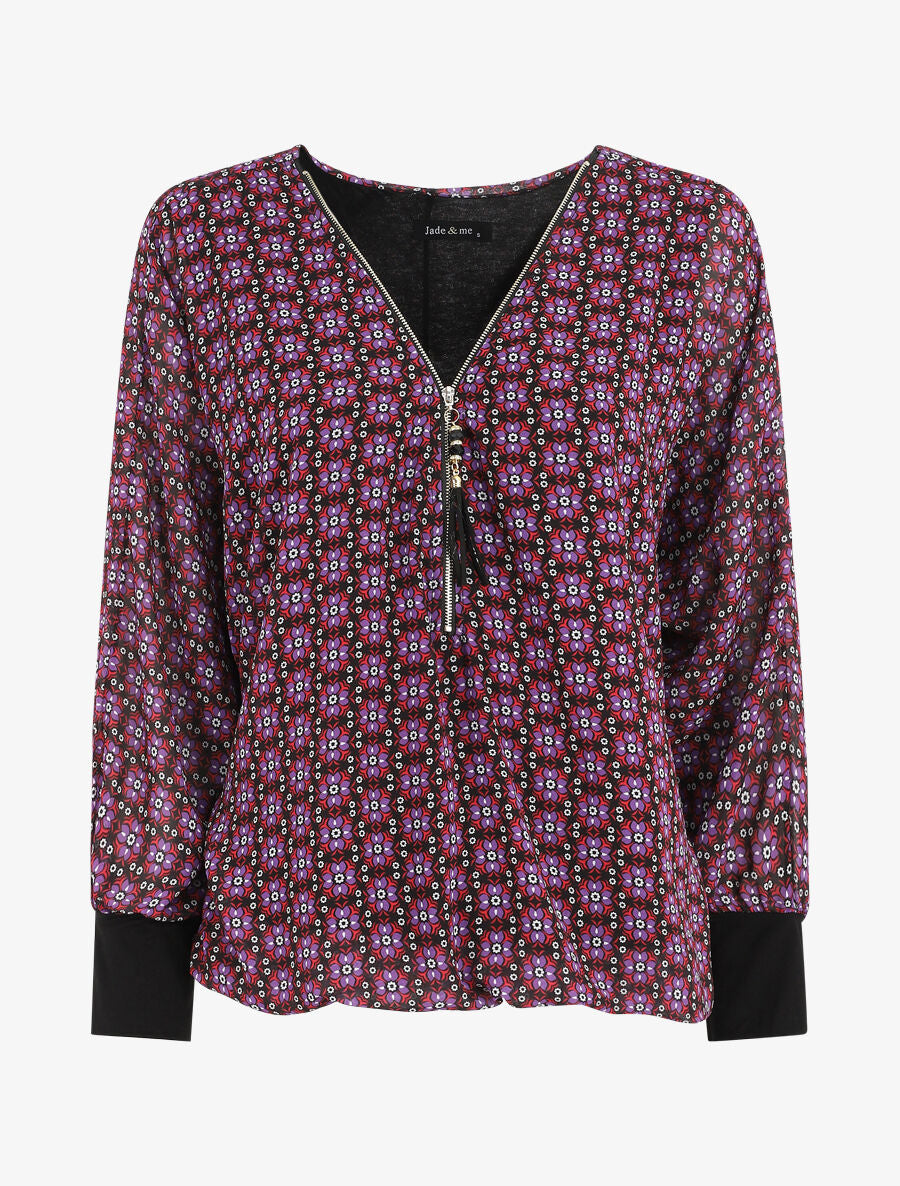 Blouse ample imprimé mosaïque fleurie à col zippé - Violet - 1