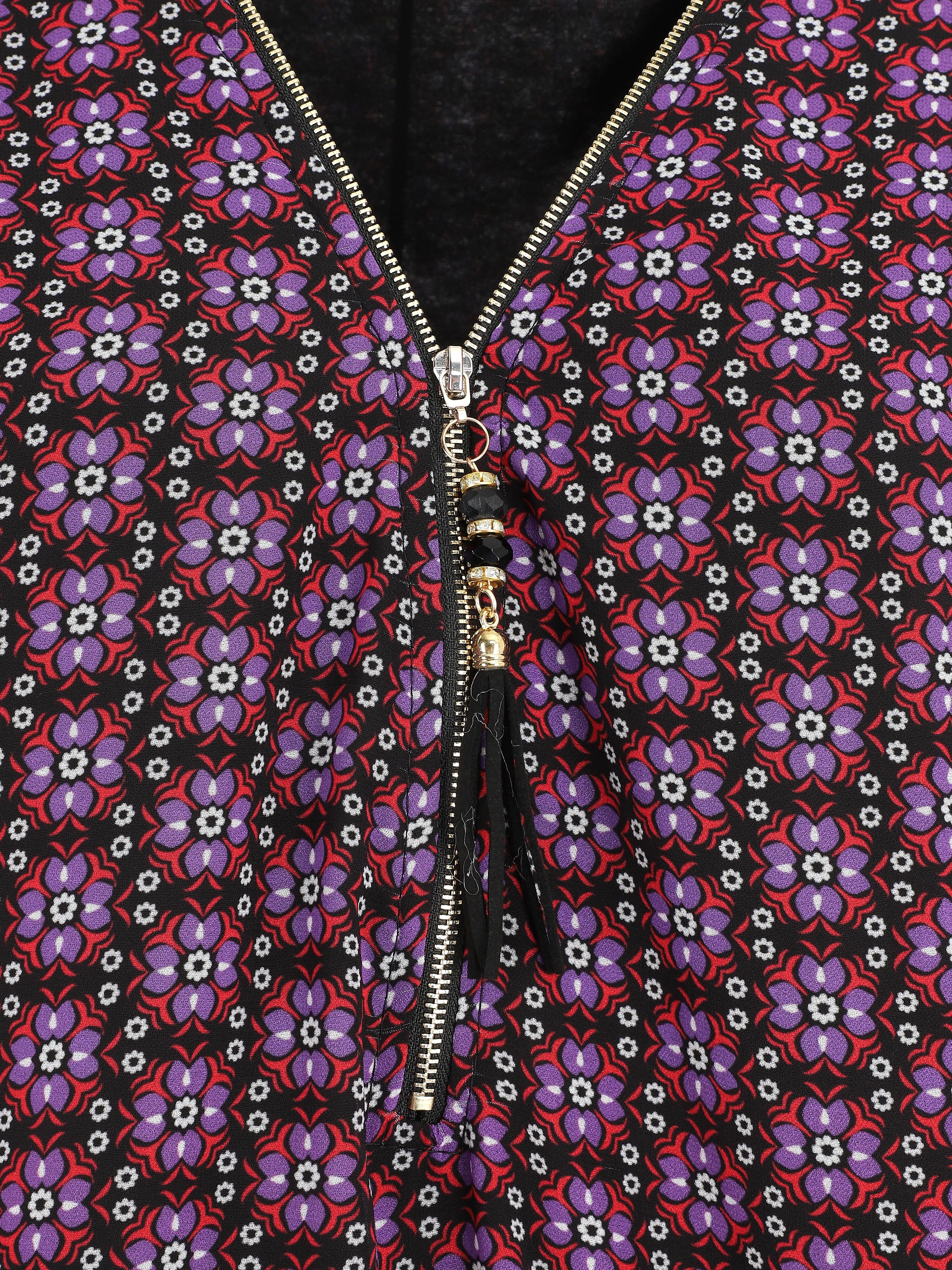 Blouse ample imprimé mosaïque fleurie à col zippé - Violet - 3