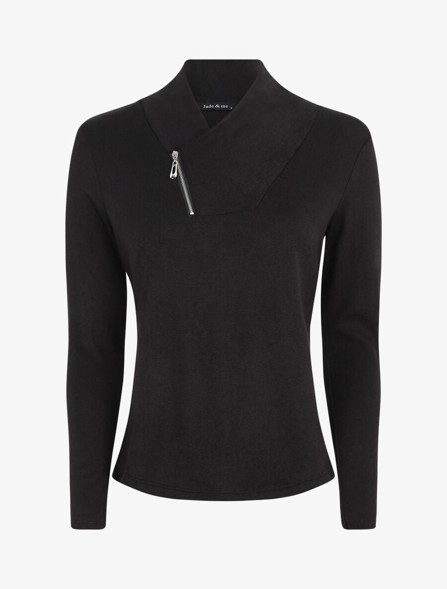 Pull fin à col V fantaisie zippé - Noir - 4