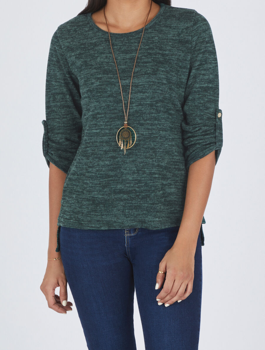 Pull à base asymétrique et manches retroussables - Vert sapin - 4