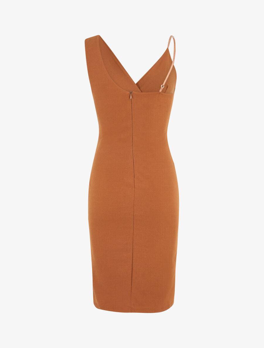 Robe ajustée portefeuille à bretelles asymétriques - Camel - 3