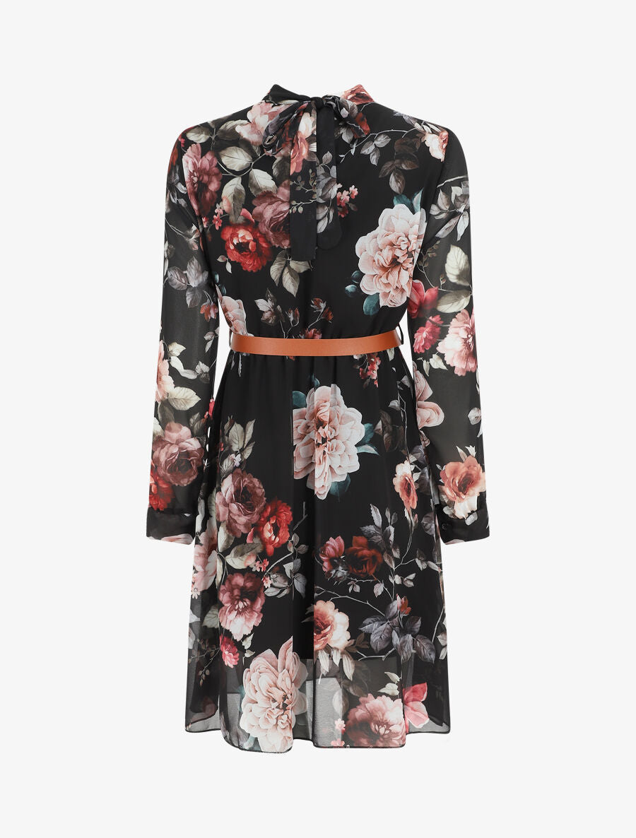 Robe évasée col montant imprimé floral - Noir - 2
