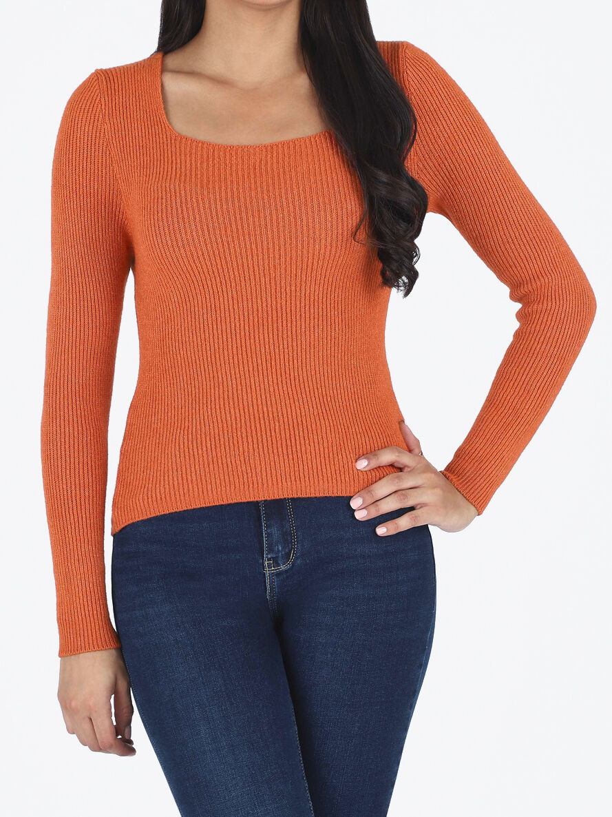 Pull côtelé uni col carré - Orange - 4