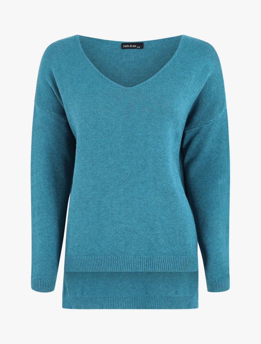 Pull ample uni col V - Bleu canard - 1
