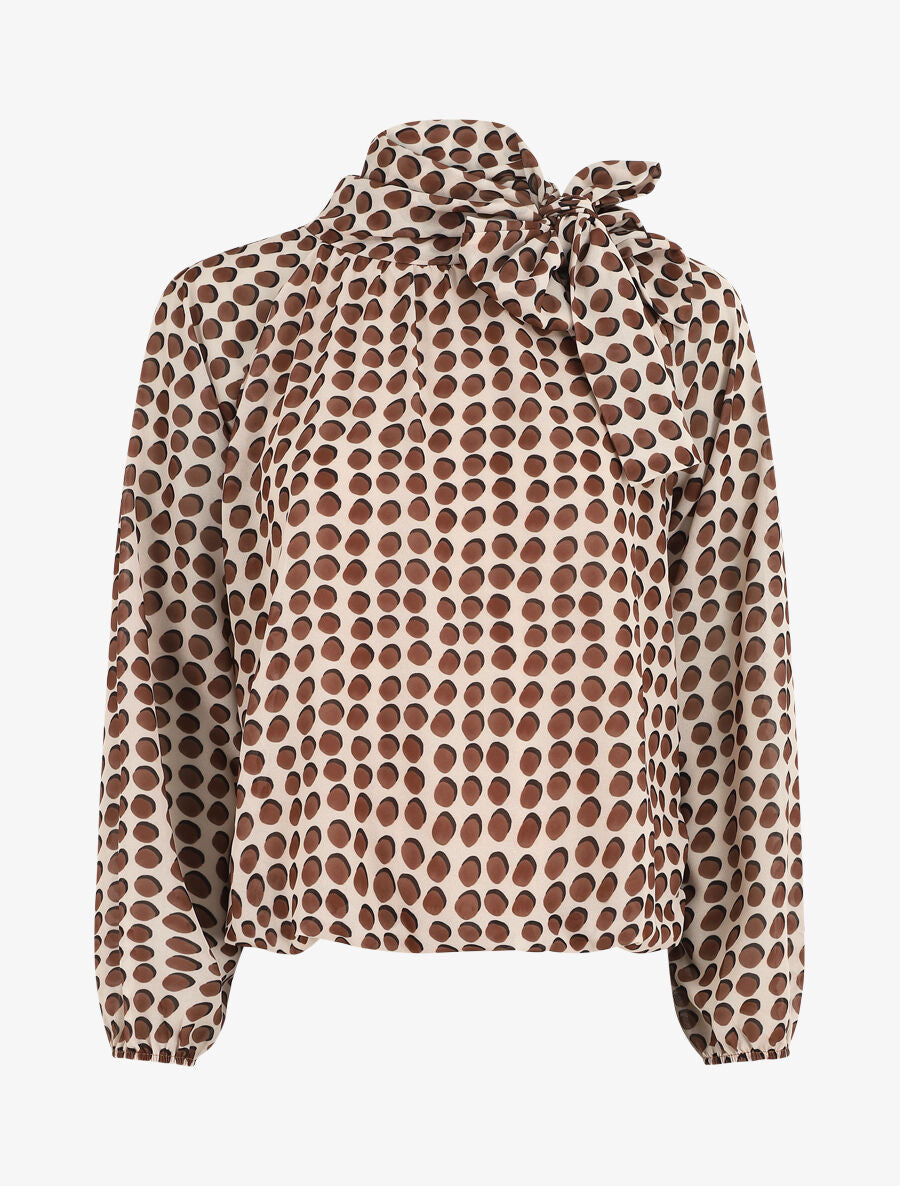 Blouse ample à pois col lavallière - Beige - 1