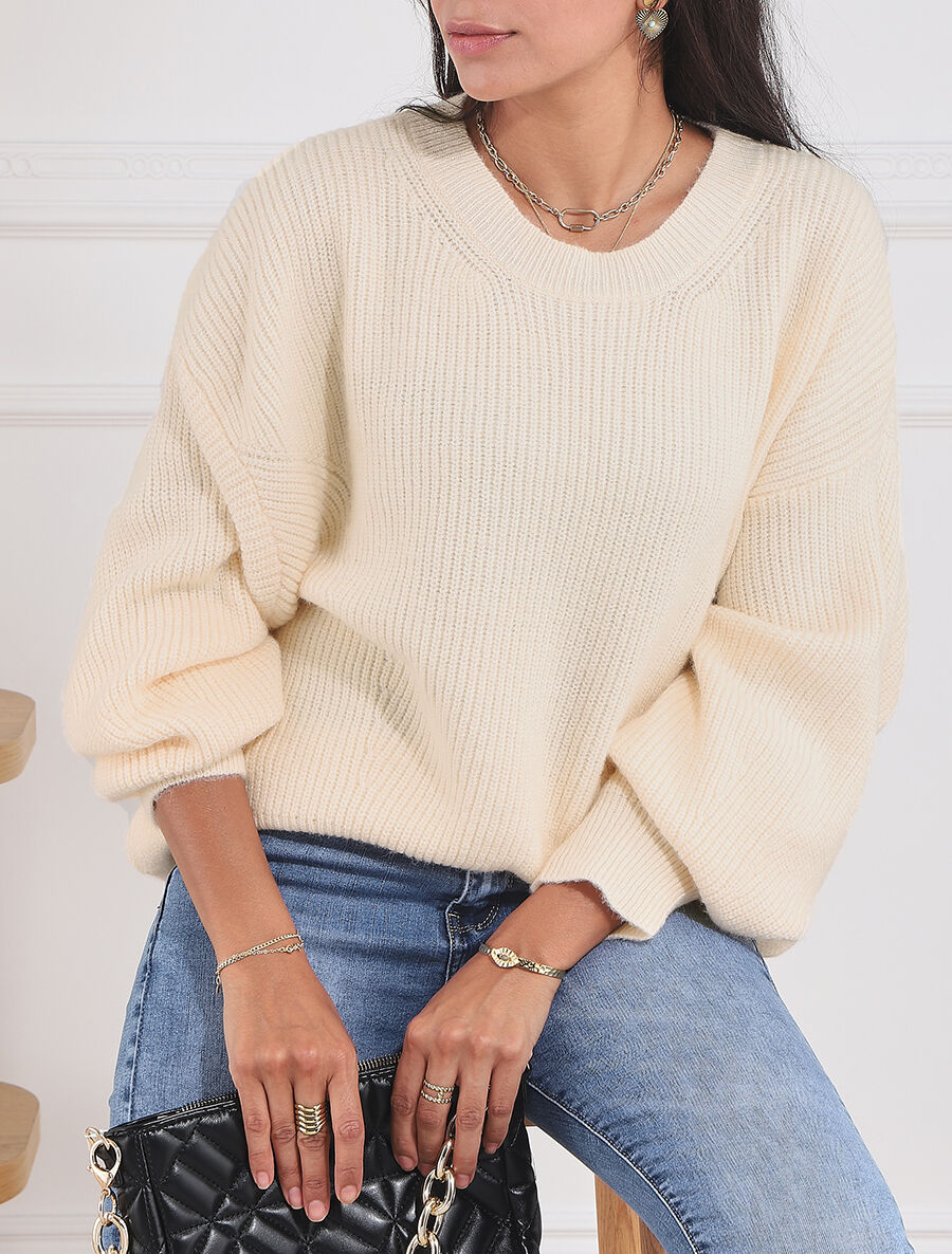 Pull uni à col rond - Beige - 1