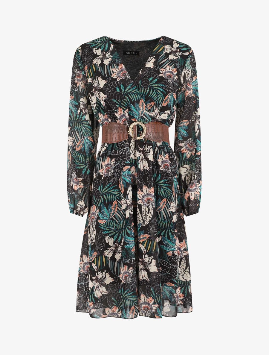 Robe col cache-coeur imprimé orchidées - Vert - 1