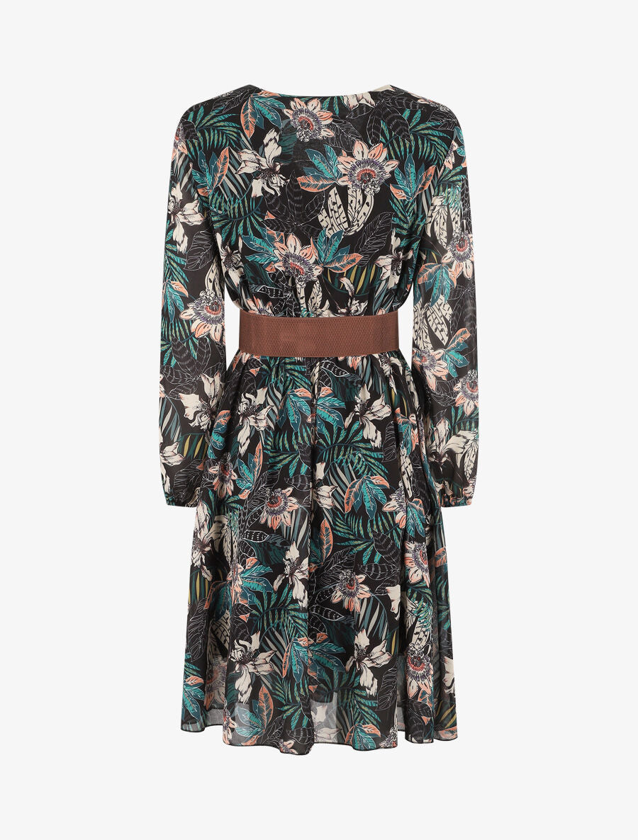 Robe col cache-coeur imprimé orchidées - Vert - 2
