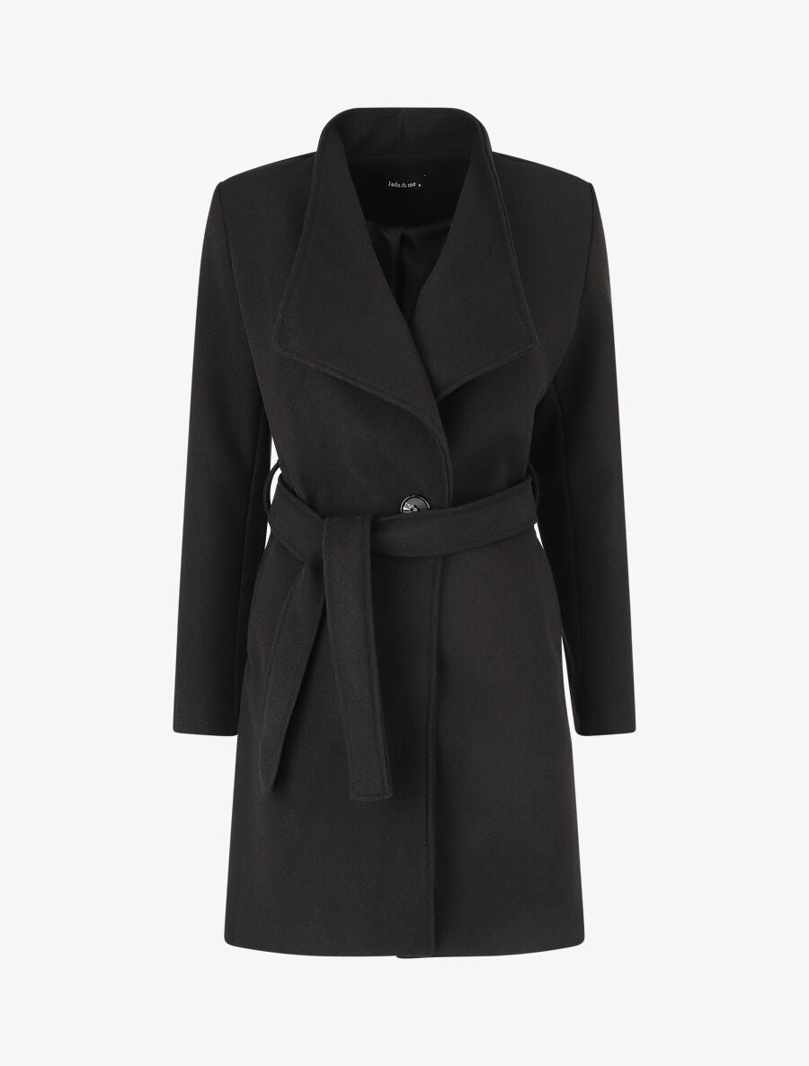 Manteau long ceinturé à col droit - Noir - 4