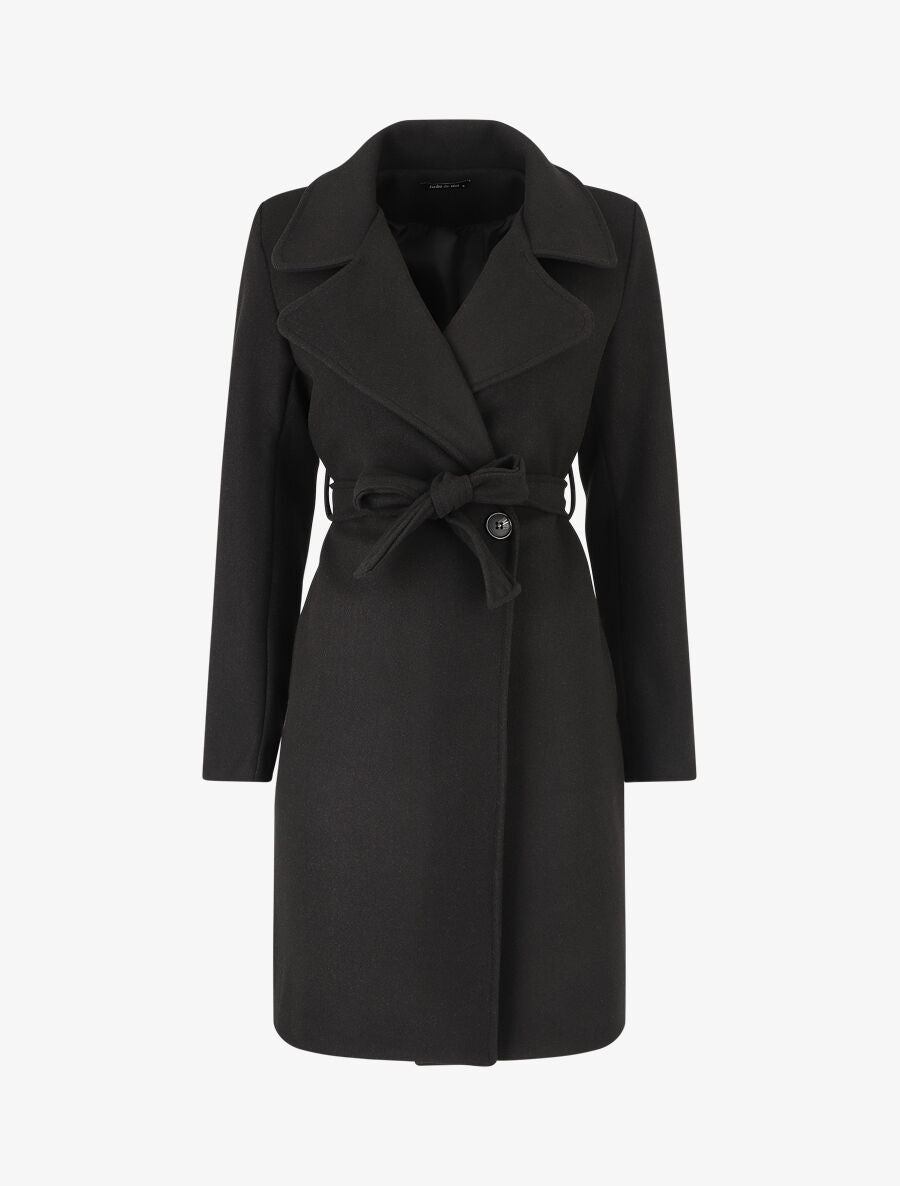 Manteau long ceinturé à col cranté - Noir - 1