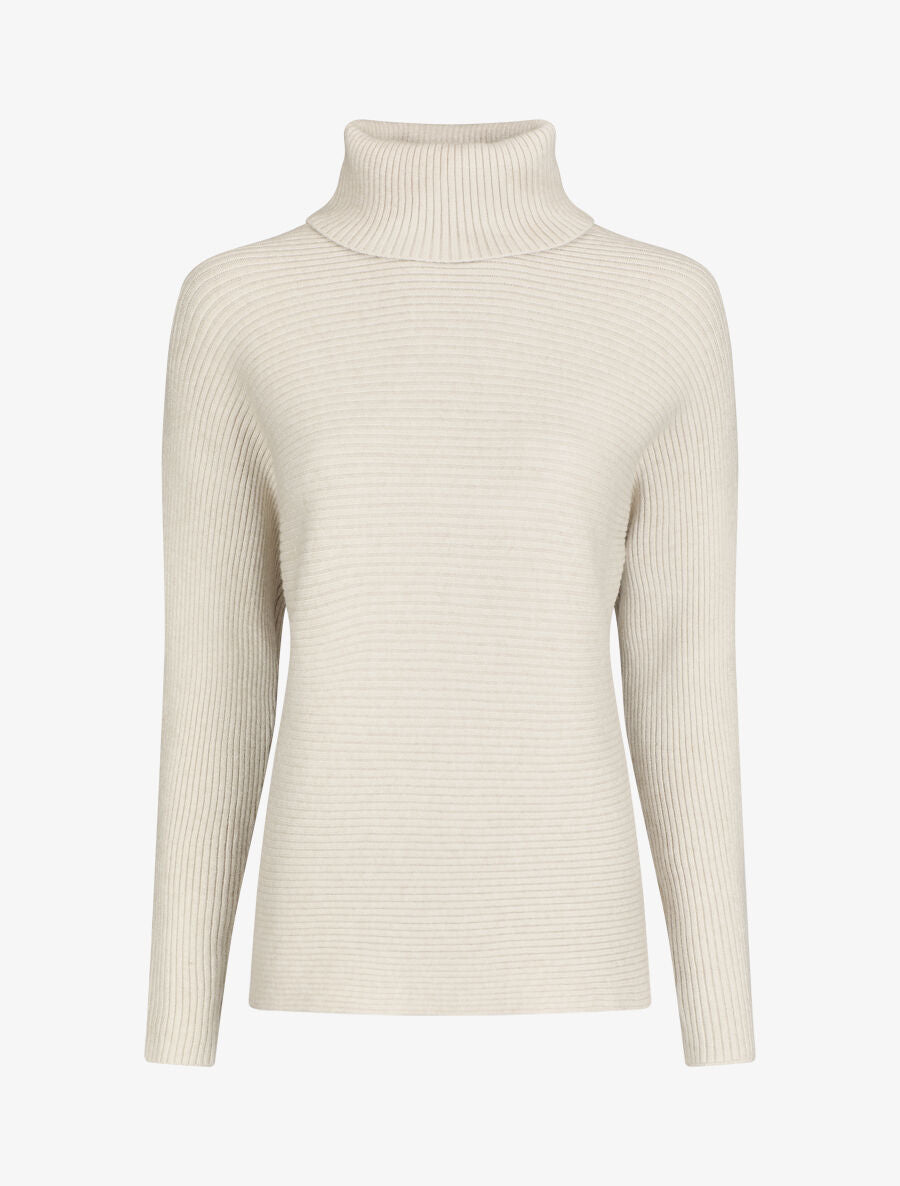 Pull droit côtelé à col roulé - Beige - 1