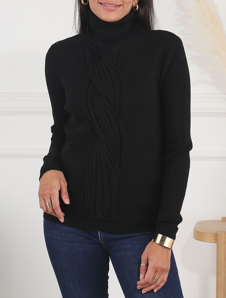 Pull uni à col roulé et motif torsade - Noir - 4
