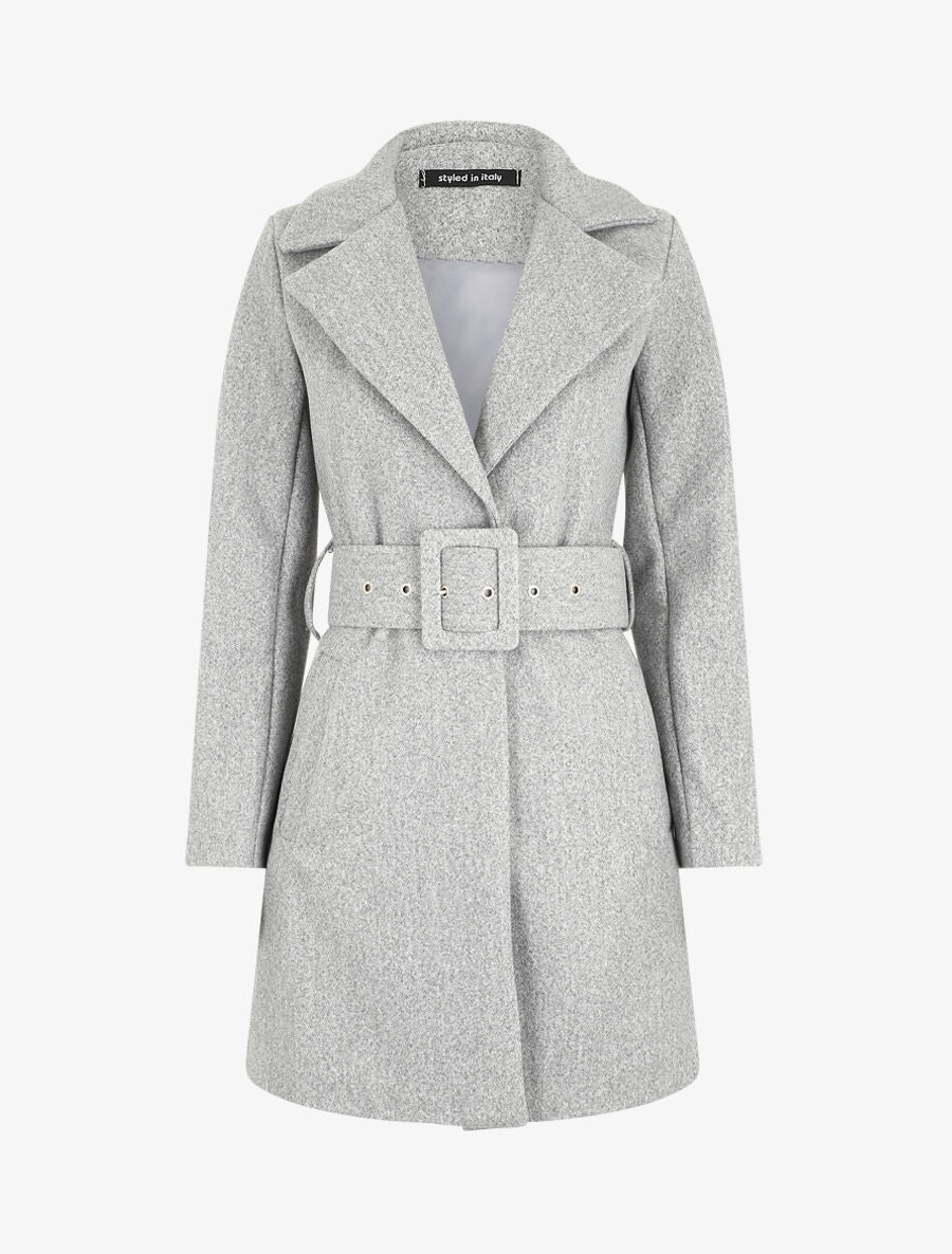 Manteau long ceinturé à col cranté - Gris - 1