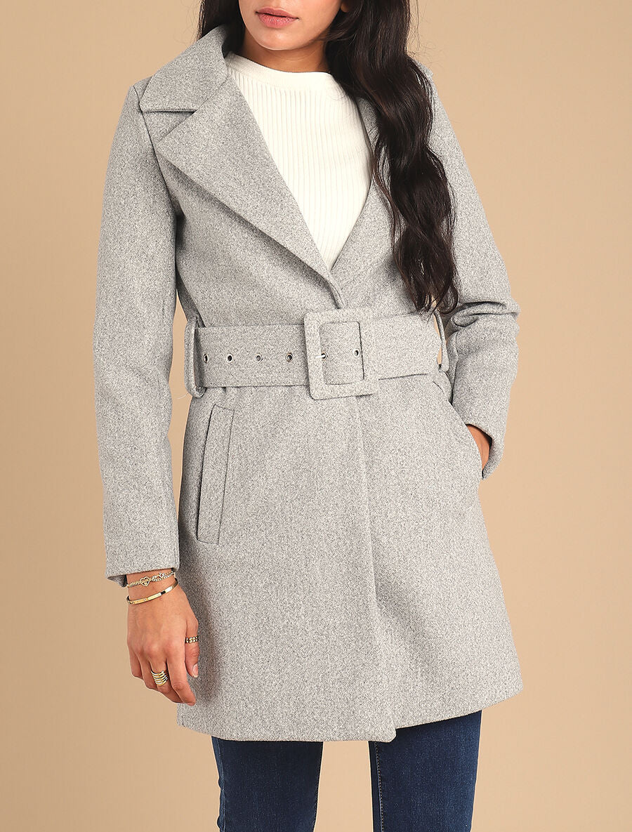 Manteau long ceinturé à col cranté - Gris - 4