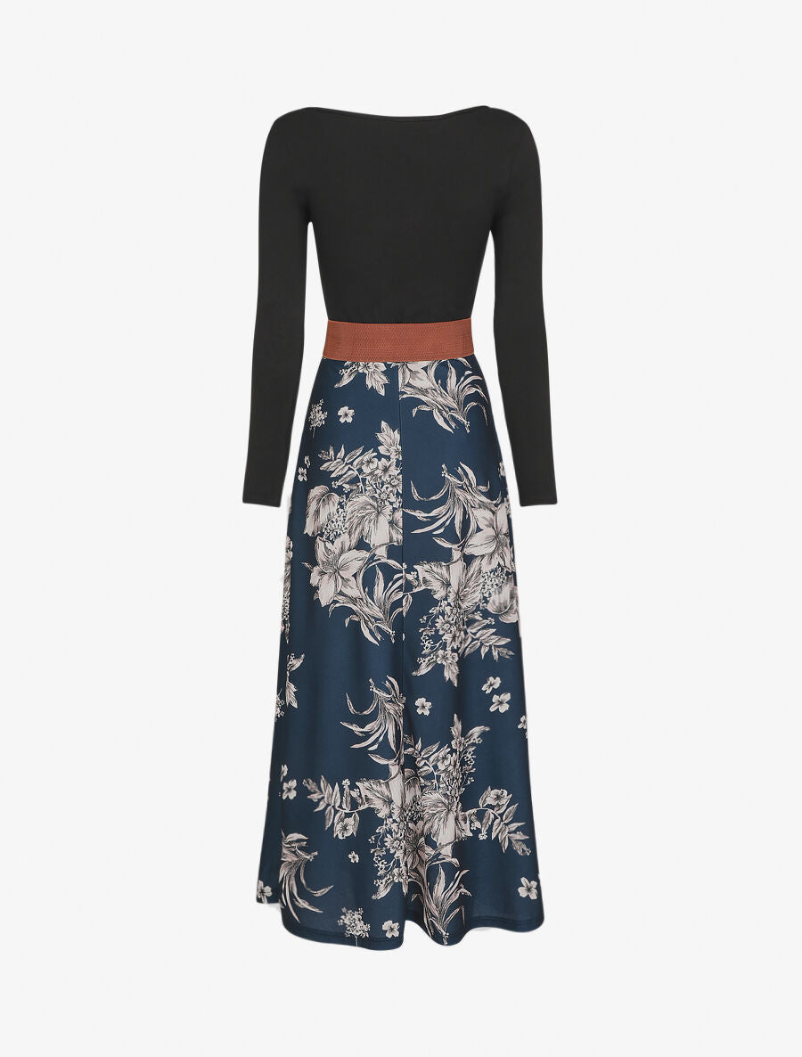 Robe longue empire à jupe fleurie - Marine - 2