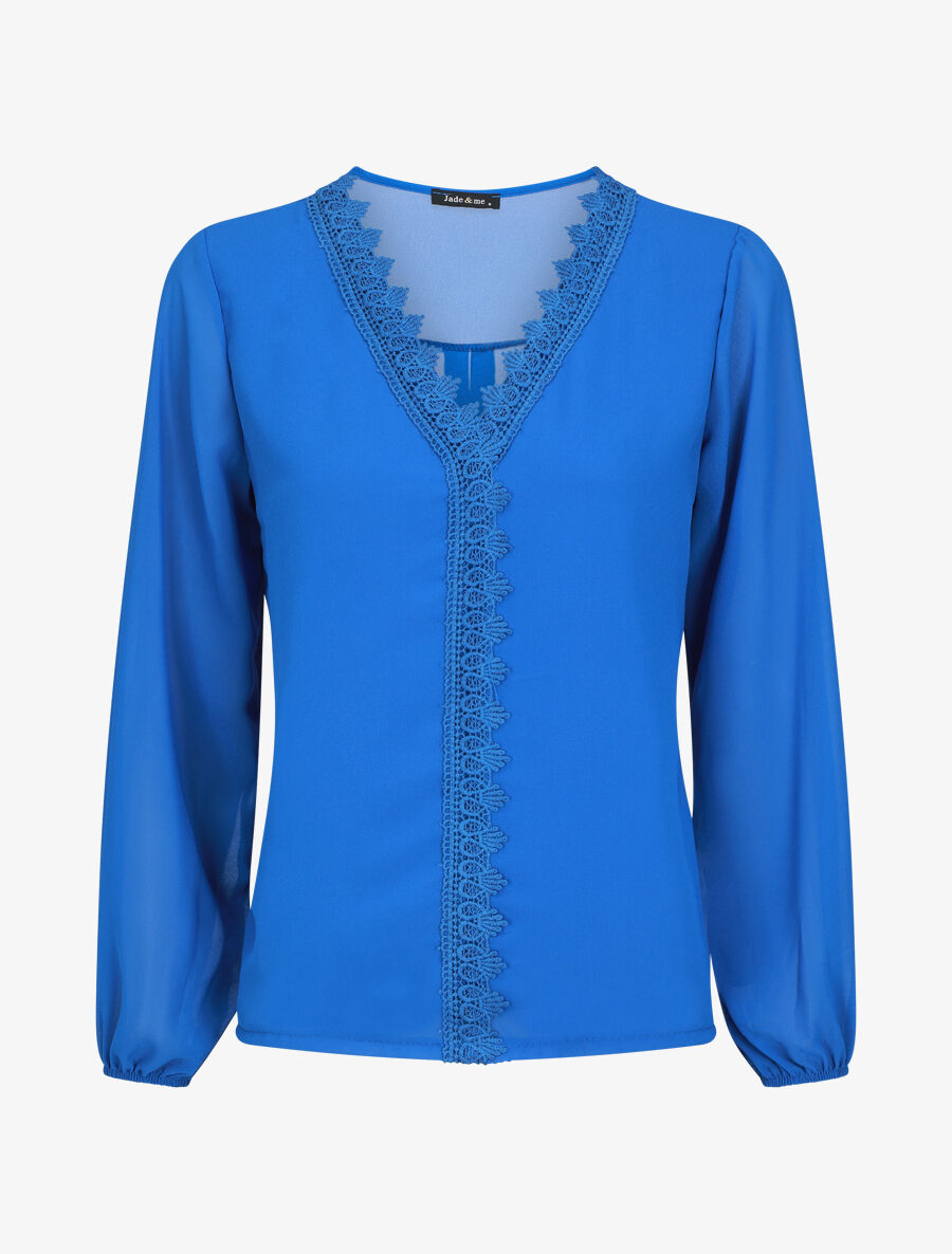 Blouse en voile unie à col brodé - Bleu roi - 1