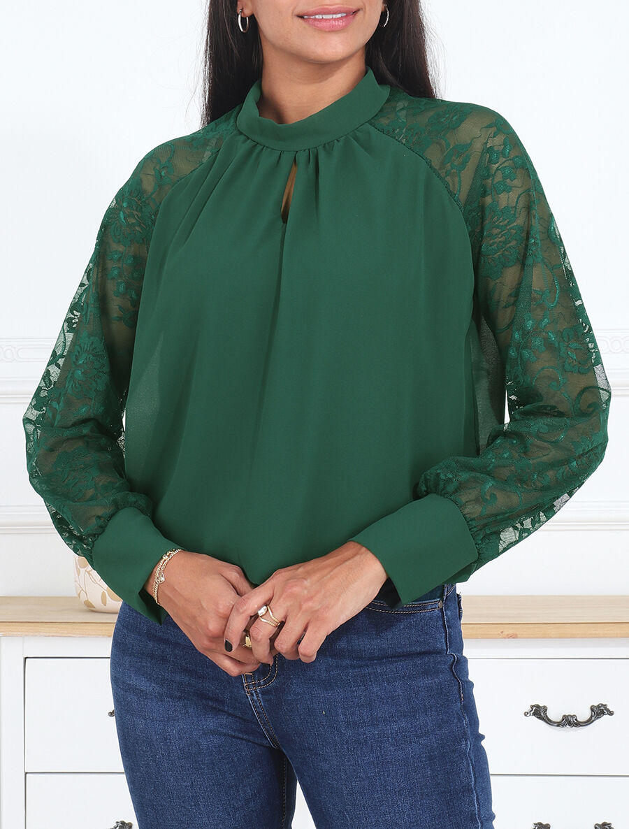 Blouse en voile unie à manches en dentelle - Vert sapin - 4