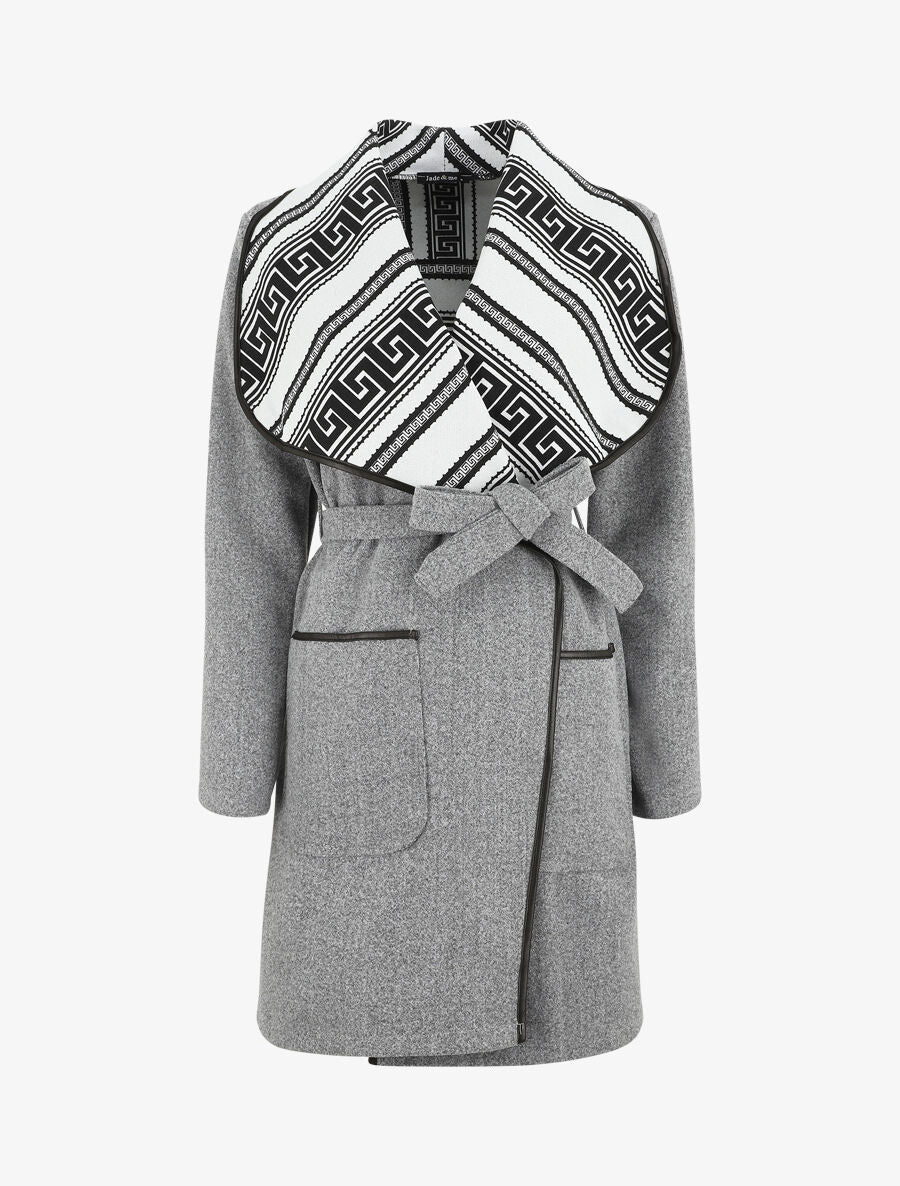 Manteau ceinturé à imprimé grec - Gris - 1
