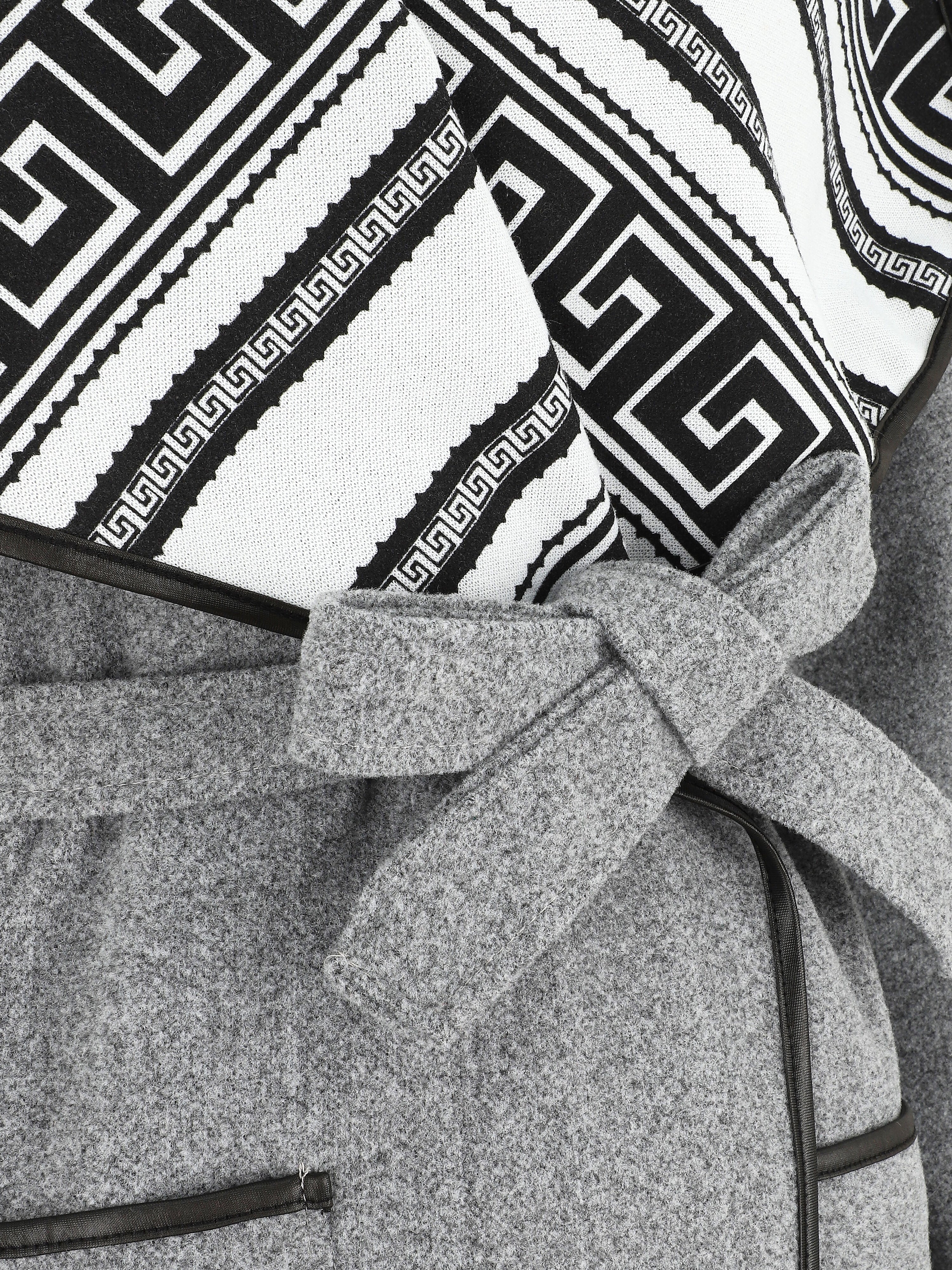 Manteau ceinturé à imprimé grec - Gris - 3