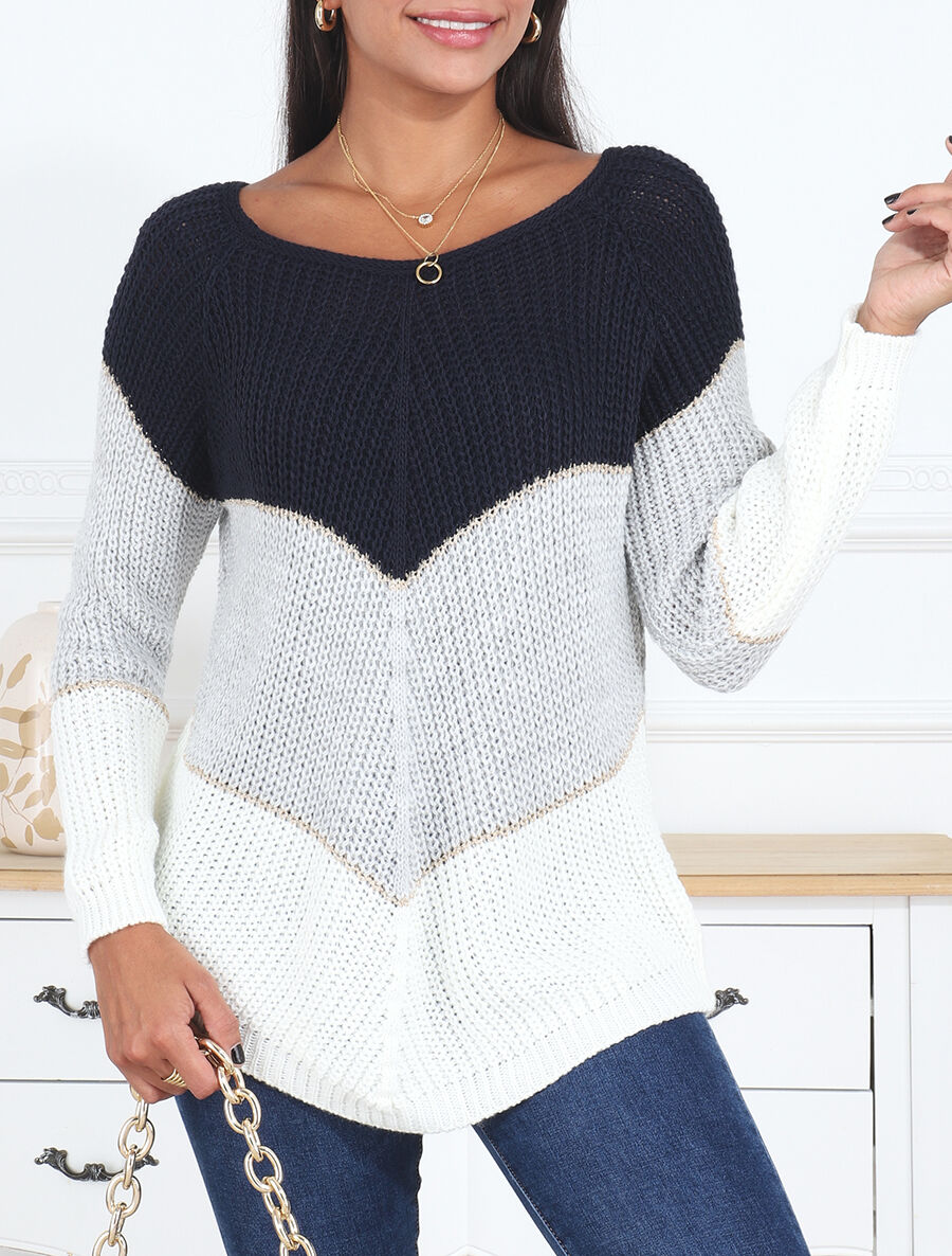 Pull en maille à motif V irisés - Marine - 4