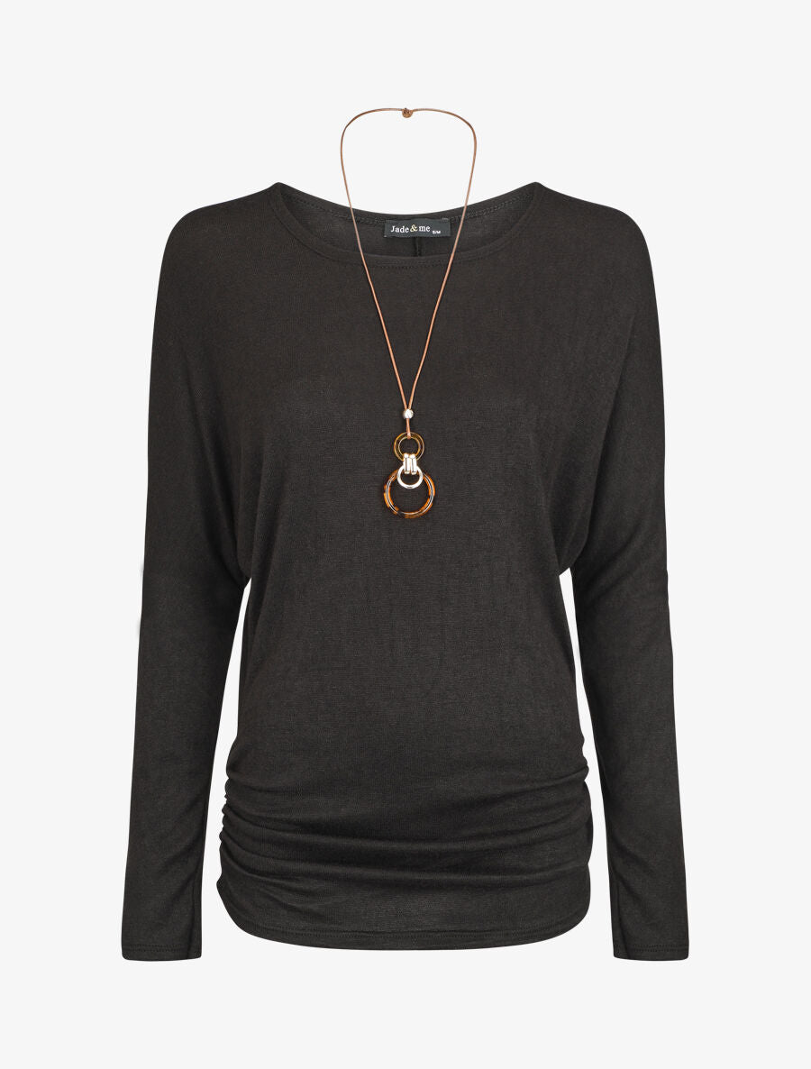 Pull fin uni froncé - Noir - 1