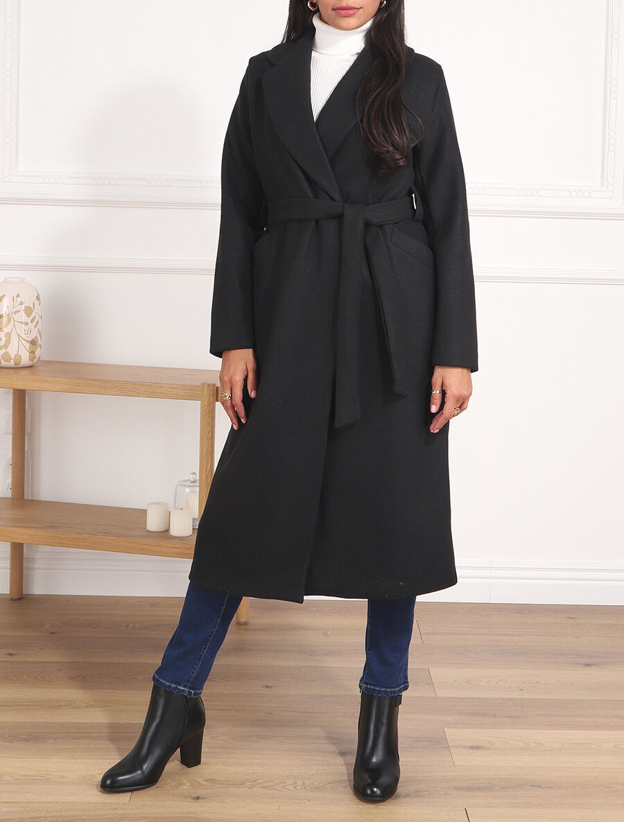 Manteau long ceinturé - Noir - 4