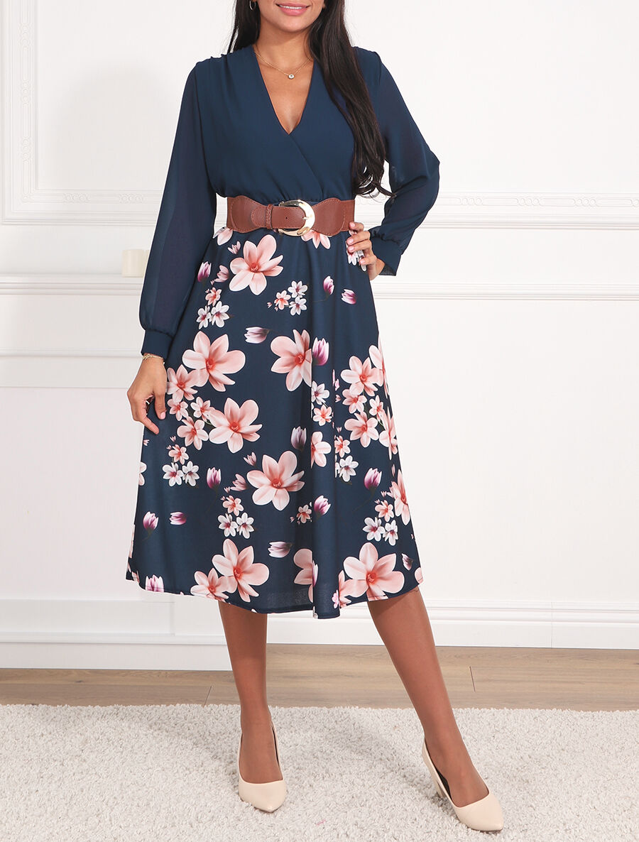 Robe longue à fleurs et col cache-coeur - Marine - 4
