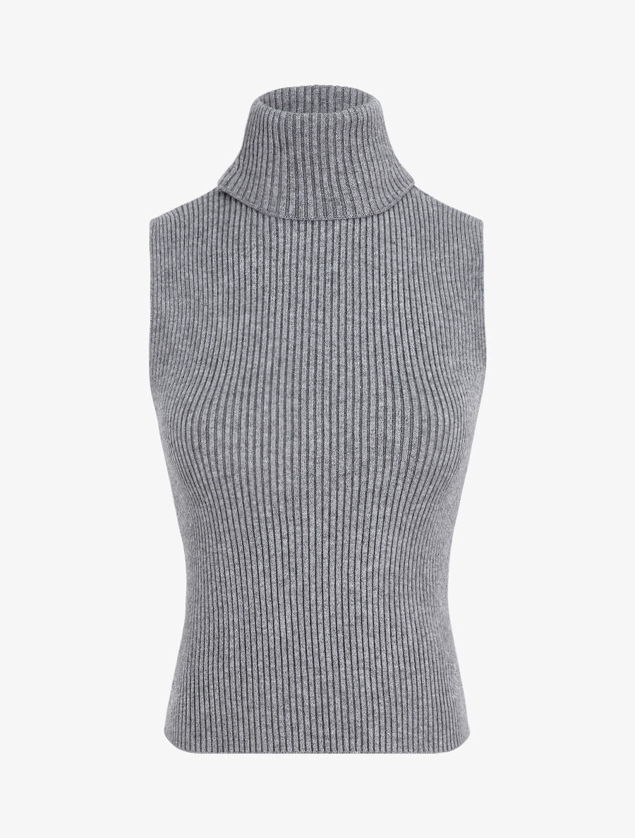 Pull ajusté sans manches à col roulé - Gris - 1