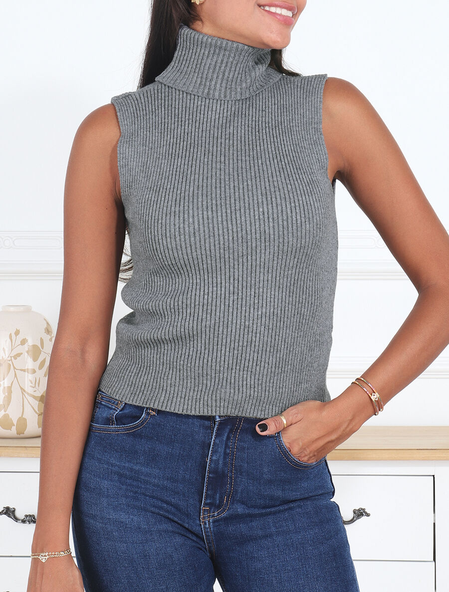 Pull ajusté sans manches à col roulé - Gris - 4