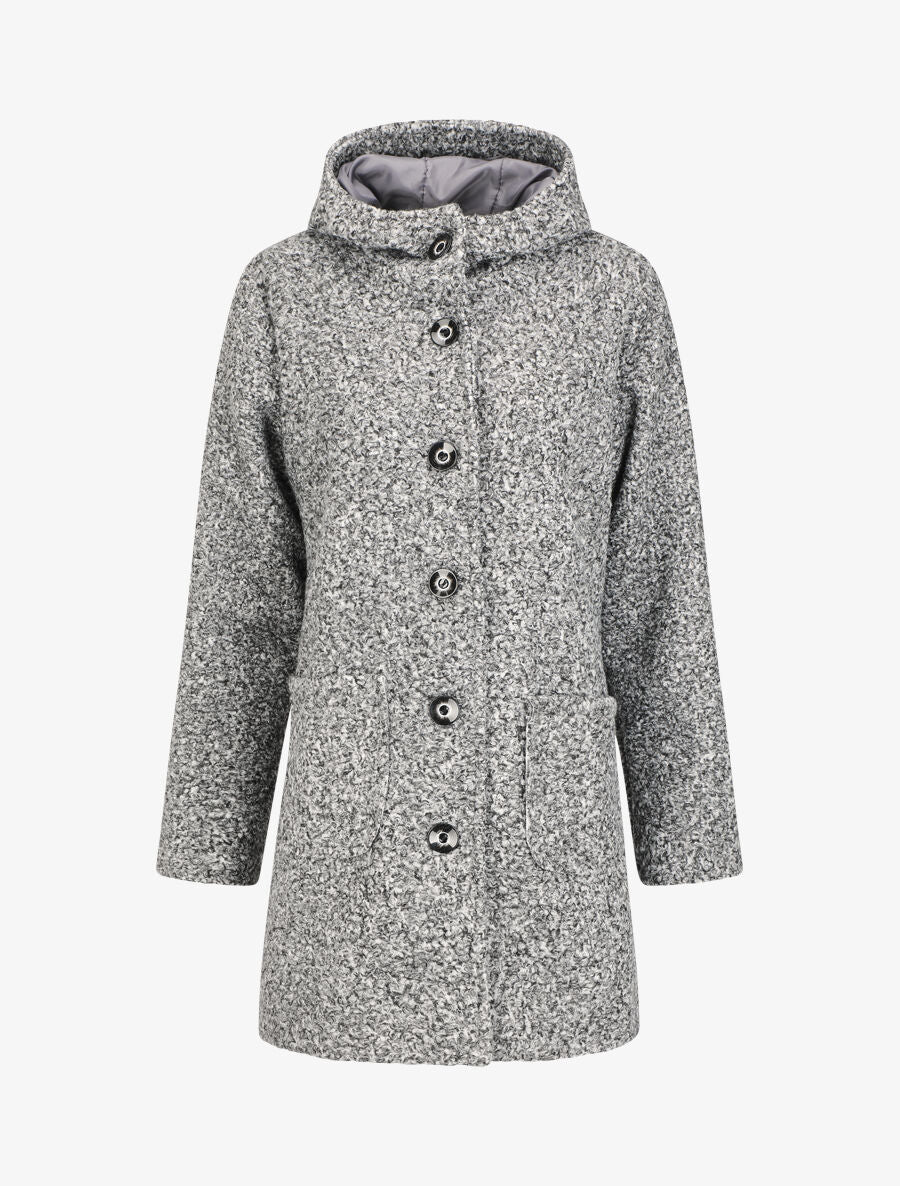 Manteau mi-long bouclé à capuche - Gris clair chiné - 1