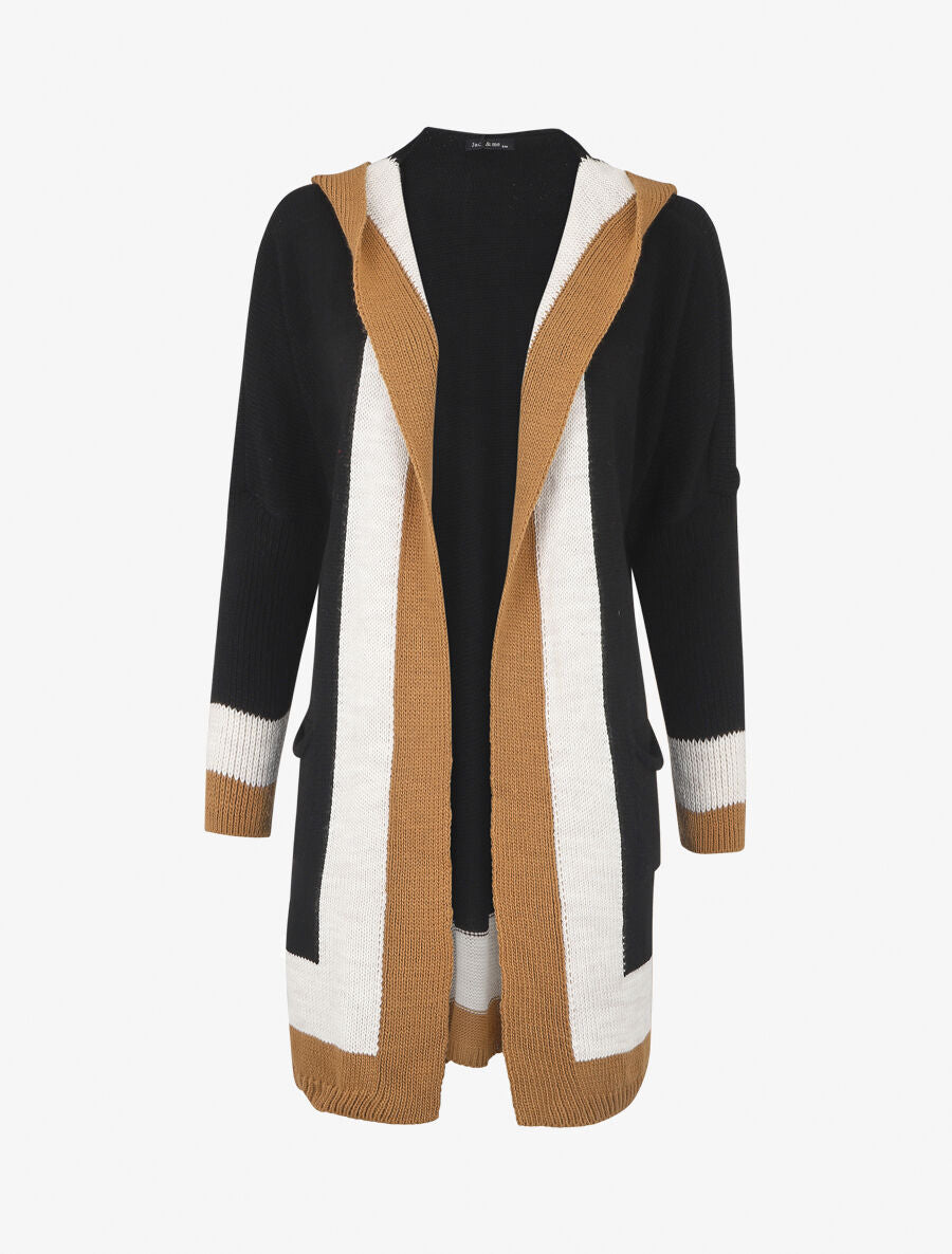 Gilet long rayé à capuche - Noir - 5