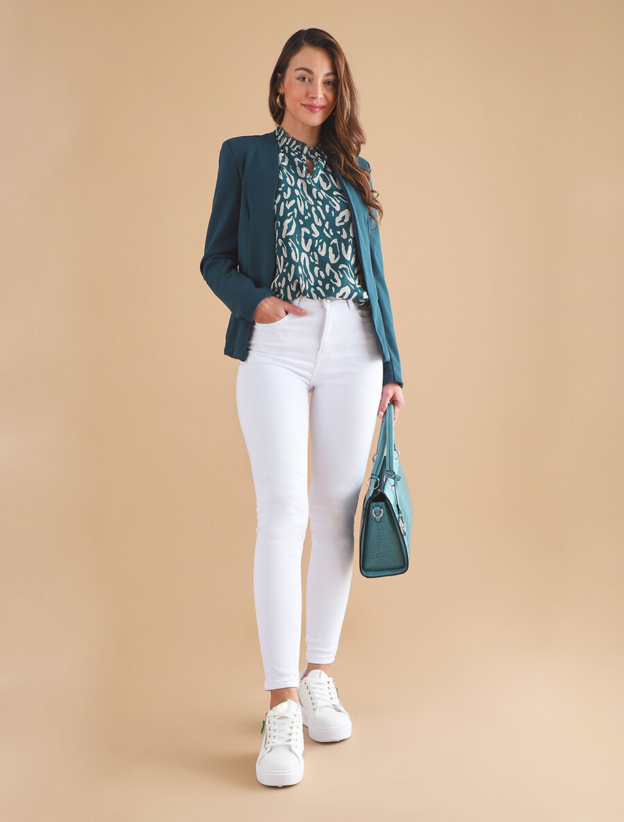Blazer uni à revers imprimé grec - Bleu canard - 4