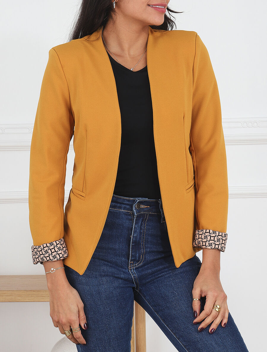 Blazer uni à revers imprimé alphabet - Jaune moutarde - 4