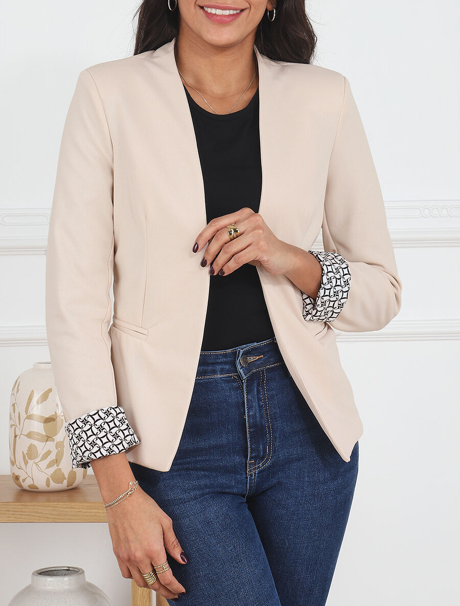 Blazer uni à revers imprimé alphabet - Beige - 4