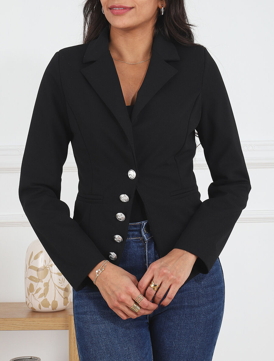 Blazer uni à boutons décoratifs - Noir - 4