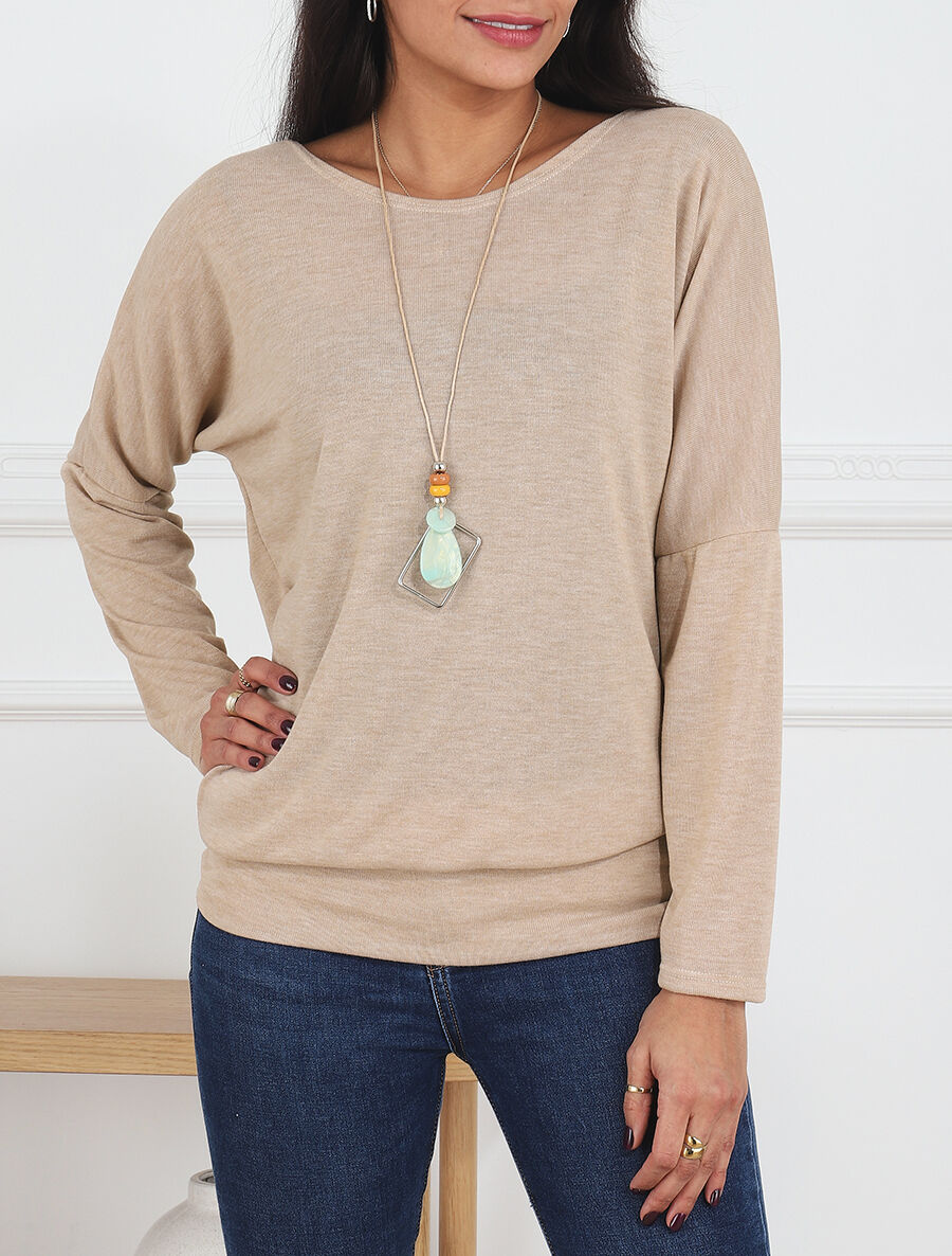 Pull fin à col bénitier - Beige - 4