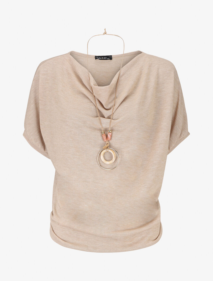 Pull fin manches courtes à col bénitier - Beige - 5