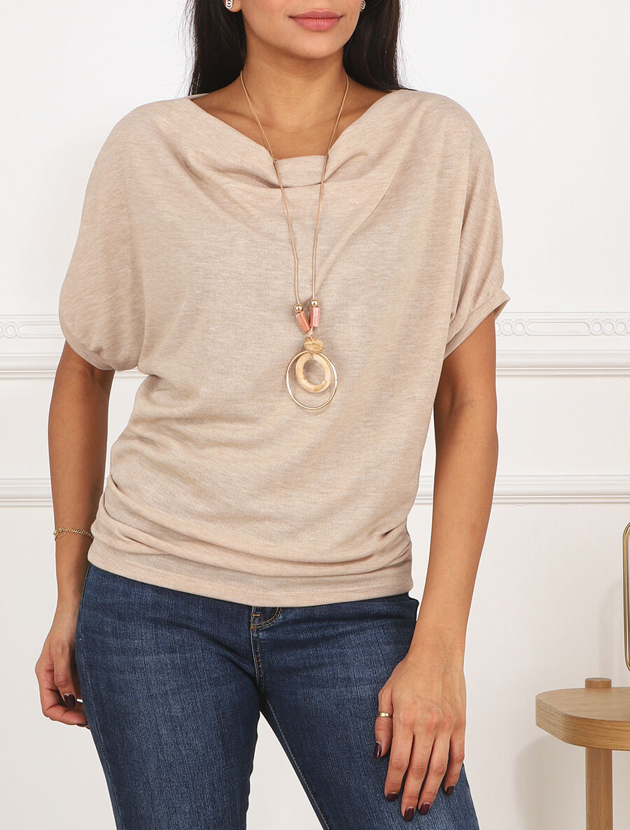 Pull fin manches courtes à col bénitier - Beige - 4