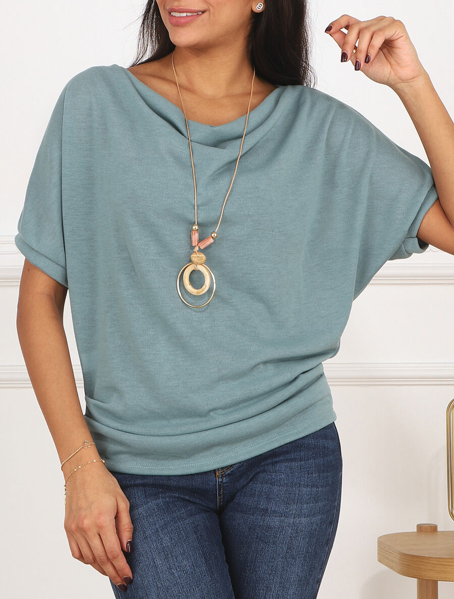 Pull fin manches courtes à col bénitier - Bleu ciel - 4