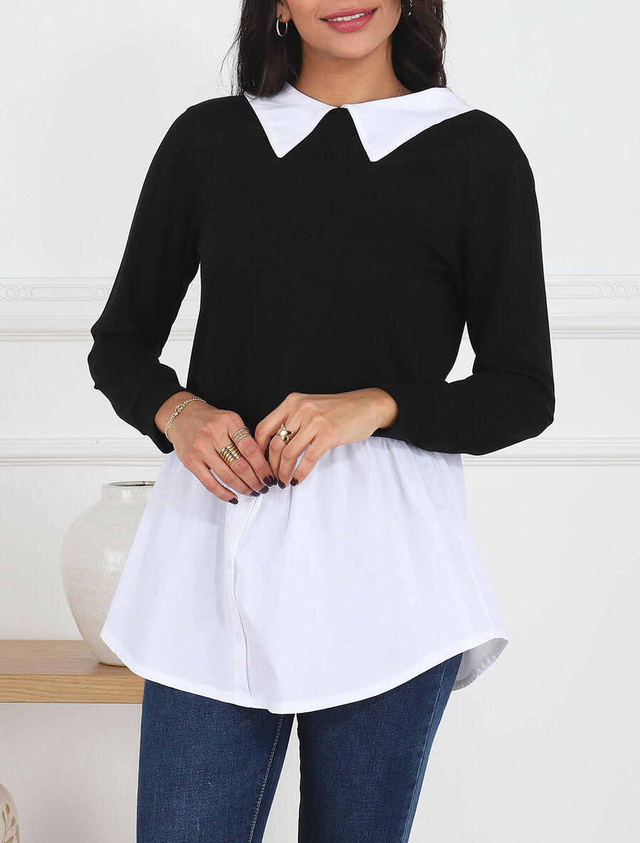 Pull à chemise superposée - Noir - 4