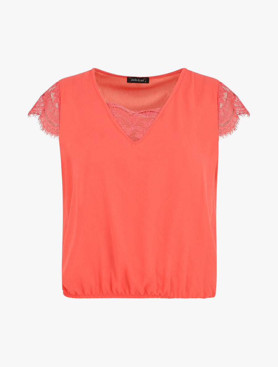 Top uni à mancherons col V et dentelle - Corail - 1