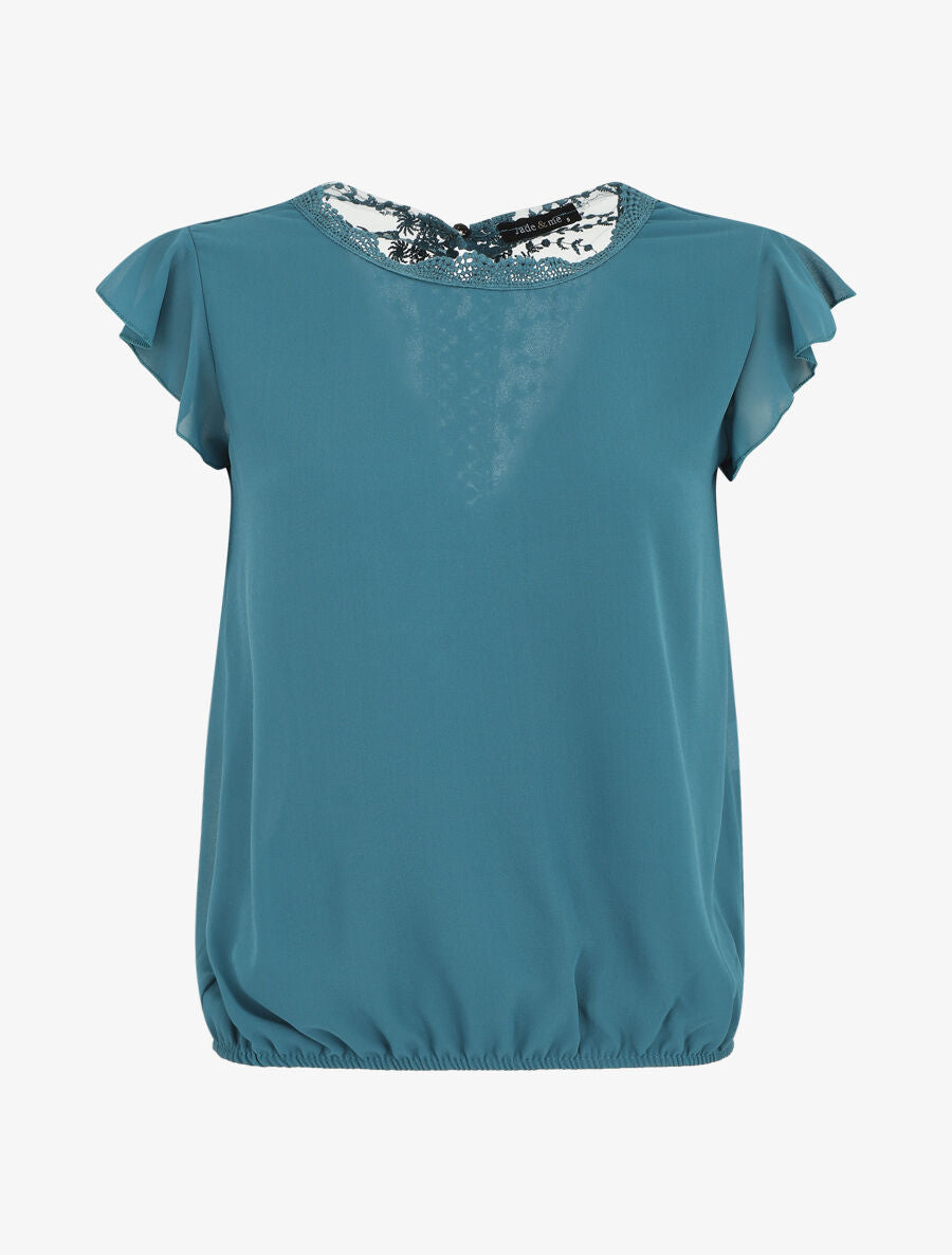 Top uni à mancherons et dos en dentelle - Bleu canard - 5