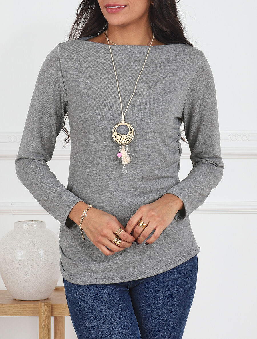Pull fin asymétrique à col bateau - Gris - 4