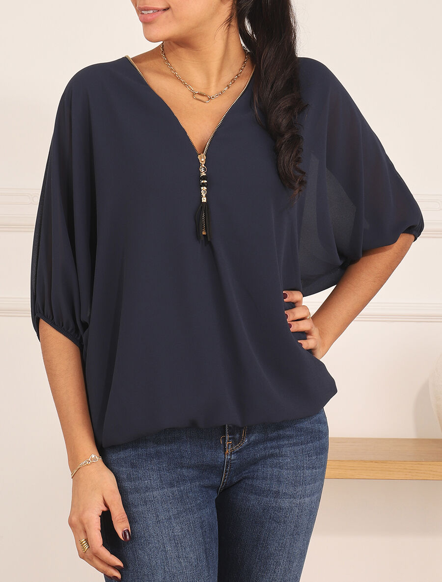 Blouse unie en voile - Marine - 4