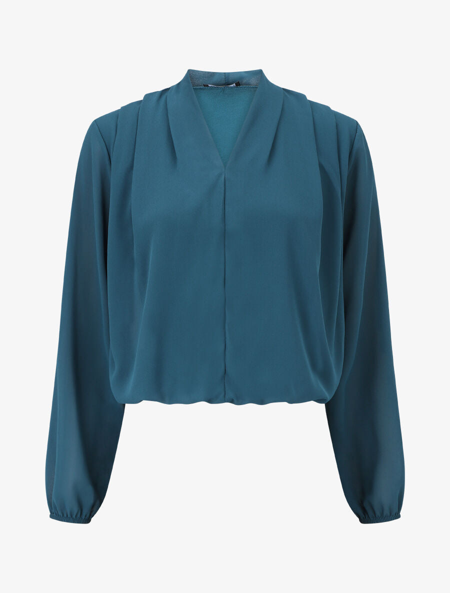 Blouse drapée unie à manches longues - Bleu canard - 1