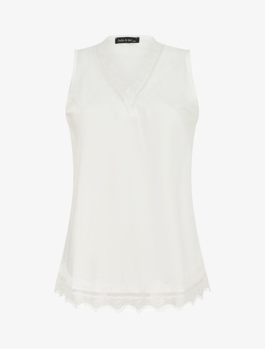 Top satiné uni et dentelle - Blanc - 1